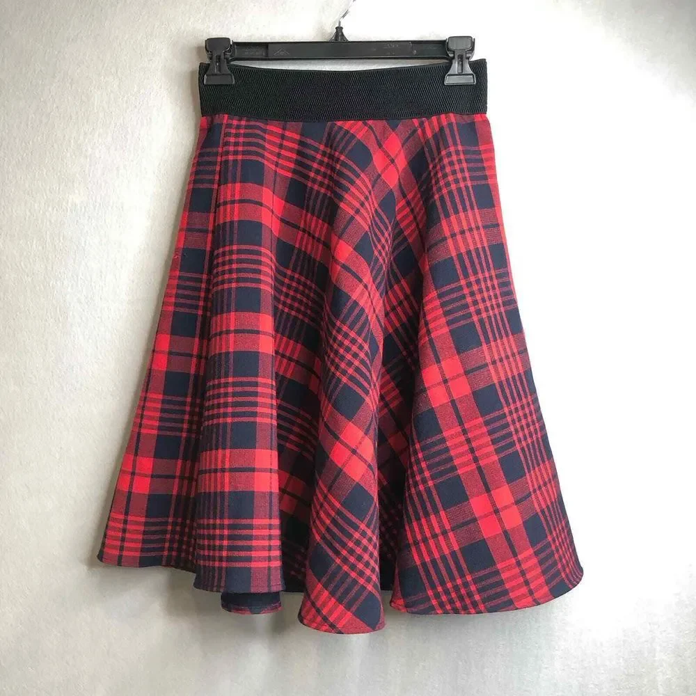 Only True Streetwear Retro Circle Midi Skirt Womens Size 26 Red/Navy Plaid